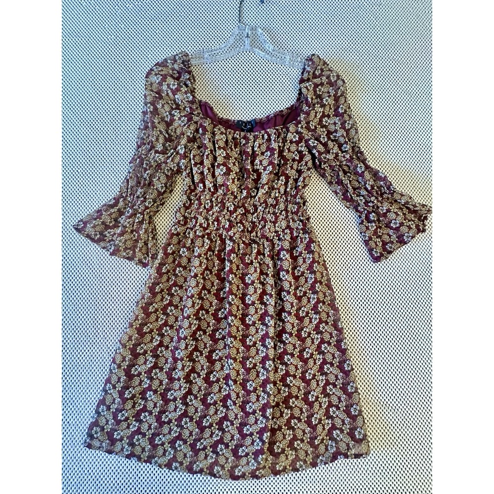 Trixxi Mini Dress‎ Women Sz S peasant Square Neck Milkmaid Bell Sleeve Smocked